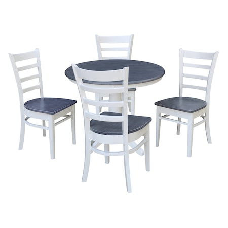 International Concepts 36 in. Solid Wood Round Top Pedestal Dining Table with 4 Dining Chairs in White/Heather Gray K05-36RT-27B-C617-4